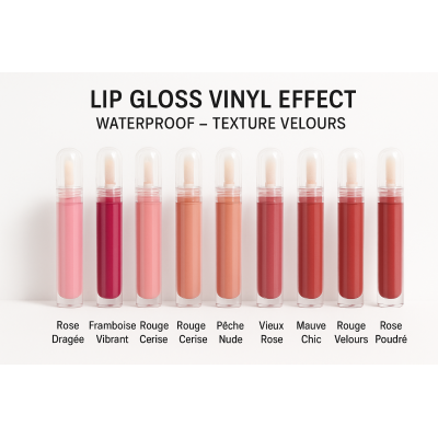 LIP GLOSS VINYL EFFECT (8 teintes) Waterproof – Texture Velours – Brillance Vinyle